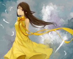  bow bowtie brown_hair charimei cloud commentary dress feathers female long_hair mishima_reika neck_ribbon rahxephon red_eyes ribbon solo wind yellow_bow yellow_bowtie yellow_dress yellow_ribbon 