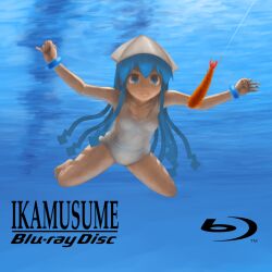  album_cover album_cover_redraw bangle blu-ray_cover blu-ray_logo blue_eyes blue_hair bracelet commentary_request cover derivative_work female fishing_line food hat hook ikamusume jewelry long_hair nevermind nirvana_(band) one-piece_swimsuit parody shinryaku!_ikamusume shrimp shrimp_tempura sokushinbutsu solo squid_hat swimsuit tempura tentacle_hair underwater white_one-piece_swimsuit 