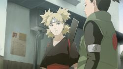  black_hair blonde_hair forehead_protector green_eyes japanese_clothes nara_shikamaru naruto quad_tails temari wei 