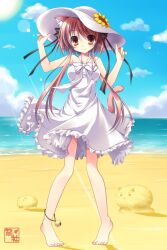  animal_ears ankle_bell anklet bad_id bad_pixiv_id bare_legs barefoot beach bell brown_eyes brown_hair cat_ears cat_tail cloud day dress female flower full_body hair_ribbon hand_on_headwear hat jewelry long_hair nanaroba_hana original outdoors photoshop_(medium) pigeon-toed ribbon sky smile solo summer sun sun_hat sundress sunflower tail twintails water 