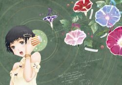  bare_shoulders black_eyes black_hair blush bracelet character_request copyright_request cup disposable_cup female flower hair_ornament hairclip jewelry musical_note open_mouth photoshop_(medium) saiguchi_otoufu solo string string_phone upper_body 