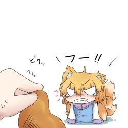  aburaage angry animal_ears blonde_hair blue_dress blush chibi clenched_teeth commentary_request dekasudachin dress female food fox_ears fox_tail mini_person minigirl multiple_tails no_headwear scowl short_hair solo surprised sweat tail tears teeth touhou yakumo_ran 