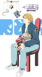  1boy aircraft bad_id bad_pixiv_id blonde_hair blue_eyes blue_jacket bomber_jacket chair denim dirigible helmet jacket jeans keith_goodman male_focus mobile neshichi pants shoes sitting sky_high_(tiger_&amp;_bunny) sneakers snow_globe tiger_&amp;_bunny 