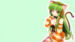  animal_ears bad_link breasts c.c. cat_ears cat_tail cleavage code_geass code_geass:_nunnally_in_wonderland creayus detached_sleeves eating female food green_hair highres holding holding_food holding_pizza long_hair medium_breasts panties photoshop_(medium) pizza solo striped_clothes striped_thighhighs tail thighhighs underwear yellow_eyes 