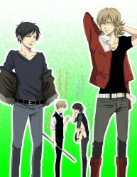  barnaby_brooks_jr beard black_hair blonde_hair brown_hair crossover durarara!! facial_hair glasses heiwajima_shizuo kaburagi_t_kotetsu orihara_izaya short_hair tiger_&amp;_bunny 