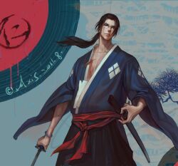  1boy axis04 black_hair blood bracelet commentary crest cuts family_crest glasses injury japanese_clothes jewelry jinnosuke kimono long_hair male_focus samurai samurai_champloo sheath solo sword weapon yotsuwari-bishi 