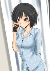  amagami black_eyes black_hair blush bob_cut breasts brown_eyes cleavage commentary_request cordless_phone female medium_breasts murasaki_iro nanasaki_ai pajamas phone polka_dot short_hair sleeves_rolled_up solo 