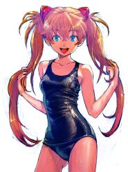  :d alternate_hairstyle ass_visible_through_thighs bare_shoulders blue_eyes boyaking breasts brown_hair collarbone commentary_request cowboy_shot female hair_ornament interface_headset long_hair medium_breasts neon_genesis_evangelion one-piece_swimsuit open_mouth orange_hair photoshop_(medium) rebuild_of_evangelion revision school_swimsuit shiny_clothes skindentation smile solo souryuu_asuka_langley swimsuit twintails very_long_hair wet wet_clothes 