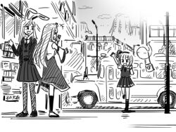  3girls animal_ears bag bus commentary_request gensoukoumuten ghost greyscale hair_ribbon kochiya_sanae konpaku_youmu long_hair monochrome motor_vehicle multiple_girls open_mouth photoshop_(medium) rabbit_ears reisen_udongein_inaba ribbon shirt shop short_hair skirt stage_connection thighhighs touhou waving 