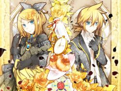  1boy aku_no_musume_(vocaloid) blonde_hair bow brother_and_sister commentary_request dress evillious_nendaiki female flower hair_flower hair_ornament hairbow haru_aki kagamine_len kagamine_rin photoshop_(medium) pocket_watch riliane_lucifen_d&#039;autriche siblings twins vocaloid watch 