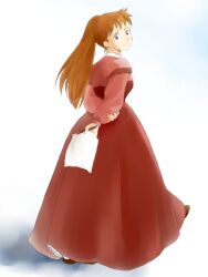  1980s_(style) ai_no_wakakusa_monogatari arms_behind_back brown_hair commentary_request dress female josephine_march long_skirt looking_back natsu_miton paper ponytail retro_artstyle skirt solo world_masterpiece_theater 