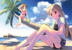  2girls :d bare_legs bare_shoulders barefoot beach beach_house bikini blue_sky brown_eyes brown_hair cloud contrail day drinking_straw flat_chest food frilled_bikini frilled_one-piece_swimsuit frills fruit fruit_cup highres lens_flare long_hair looking_at_viewer multiple_girls non-web_source one-piece_swimsuit open_clothes open_mouth open_shirt original outdoors pleated_skirt ponytail shade shirt sitting skirt sky smile swimsuit swimsuit_under_clothes takoyaki_(roast) tree v water watermelon 