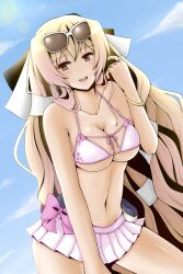  aoi_kimi bad_id bad_pixiv_id bikini bikini_skirt blonde_hair bracelet breasts brown_eyes cleavage eyewear_on_head female front-tie_top highres jewelry kyoukaisenjou_no_horizon large_breasts lens_flare long_hair mizuki_miyu navel open_mouth ribbon skirt smile solo sunglasses swimsuit very_long_hair white_bikini 