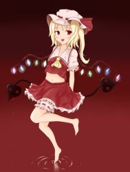  :p bad_id bad_pixiv_id bare_legs barefoot blonde_hair blood blood_on_face female flandre_scarlet goro hat navel red_eyes side_ponytail solo tongue tongue_out touhou wings 