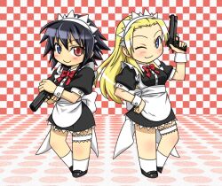  apron black_hair blonde_hair blue_eyes blush bow bow_tie bowtie capcom chibi cyan_(pixiv2086976) devil_may_cry devil_may_cry_3 dress female footwear gun headdress heterochromia lady lady_(devil_may_cry) long_hair maid maid_apron maid_headdress maid_uniform multiple_girls red_eyes red_ribbon ribbon shoes short_hair socks thigh_strap trish trish_(devil_may_cry) uniform weapon white_legwear white_socks wink 