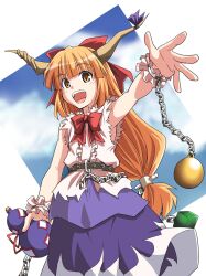  :d bow bowtie brown_eyes chains commentary_request cuffs female gourd hairbow horn_ornament horn_ribbon horns ibuki_suika long_hair open_mouth orange_eyes orange_hair outstretched_arm outstretched_hand photoshop_(medium) ribbon rimibure shackles shirt sleeveless sleeveless_shirt smile solo touhou wrist_cuffs 