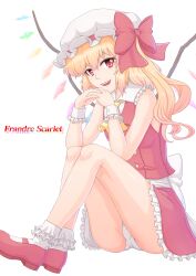  absurdres ascot bare_legs blonde_hair bow commentary_request female flandre_scarlet hat highres mary_janes nazal own_hands_clasped own_hands_together panties pantyshot photoshop_(medium) shoes short_hair side_ponytail simple_background sitting sleeveless smile socks solo touhou underwear upskirt white_panties white_socks wings wrist_cuffs 