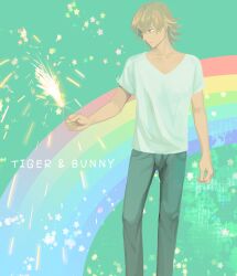  1boy barnaby_brooks_jr. blonde_hair commentary_request denim fireworks green_eyes highres jeans male_focus no_eyewear pants photoshop_(medium) rainbow shirt solo sparkler t-shirt tiger_&amp;_bunny v-neck wooga 