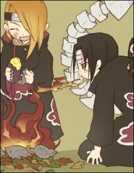  2boys deidara fire hayashi_rin lowres multiple_boys naruto naruto_shippuuden uchiha_itachi 