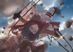  bad_id bad_pixiv_id belt black_hair boots female highres jacket mikasa_ackerman paradis_military_uniform scarf shingeki_no_kyojin solo tebakan three-dimensional_maneuver_gear weapon 