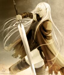  absurdres ami_thompson bad_id bad_pixiv_id cape claymore_(series) closed_eyes female highres irene_(claymore) long_hair photoshop_(medium) pointy_ears solo sword thighhighs weapon white_hair 