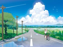  1boy amemura_(caramelo) bicycle bicycle_basket bird blonde_hair blue_sky brown_shorts cloud commentary_request contrail cumulonimbus_cloud day field grass kagamine_len landscape male_focus outdoors pavement perspective power_lines puddle raglan_sleeves reflection road rural sandals scenery shirt shorts sky solo summer t-shirt tree utility_pole vanishing_point vocaloid walking water wet_floor wide_shot 