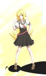  aged_up araragi_koyomi bakemonogatari blonde_hair commentary_request female highres kiss-shot_acerola-orion_heart-under-blade kizumonogatari long_hair monogatari_(series) nanahyakuichi_middle_school_uniform oshino_shinobu school_uniform shadow shiori_yuu solo teenage yellow_eyes 