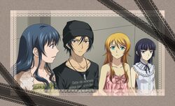  1boy 3girls beanie commentary_request framed french_text gokou_ruri hat jewelry kousaka_kirino kousaka_kyousuke makishima_saori multiple_girls necklace no_eyewear ore_no_imouto_ga_konna_ni_kawaii_wake_ga_nai toryi 