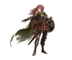  armor armored_boots bag boots cape female fingerless_gloves full_body gloves granblue_fantasy long_hair minaba_hideo official_art pink_eyes pink_hair shield solo standing sword teeth transparent_background volenna weapon 