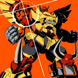  1980s_(style) 1boy bird buffalo commentary_request decepticon eagle glowing horns kamizono_(spookyhouse) lion machinery mecha mechanical_wings no_humans predaking retro_artstyle rhinoceros robot shiny solo teeth transformers transformers:_generation_1 ttgl_eyecatch wings 