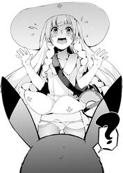  ? azukiko bag braid commentary_request dress duffel_bag female greyscale hat lillie_(pokemon) long_hair monochrome open_mouth panties pikachu pokemon pokemon_(creature) pokemon_sm simple_background sleeveless sleeveless_dress spoken_question_mark sun_hat tears twin_braids underwear white_background 