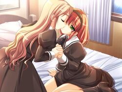  2girls bed blonde_hair blush boots closed_eyes curtains emily_(pure_dream) escalation_~kuruai_no_fugue~ game_cg green_eyes hairband hayakawa_naomi_(escalation) holding_hands indoors interlocked_fingers kissing komatsuzaki_rie long_hair looking_at_another multiple_girls on_bed red_hair school_uniform short_hair window yuri 