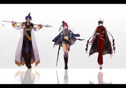  1boy 2girls ahoge alternate_costume bad_id bad_pixiv_id black_hair blue_eyes blue_hair boots coat elesa_(pokemon) gun harpoon letterboxed long_hair marlon_(pokemon) midriff multiple_girls noah_(livas) photoshop_(medium) pokemon pokemon_bw2 red_hair reflection rifle sidelocks skyla_(pokemon) smile tan uniform very_long_hair walking weapon 