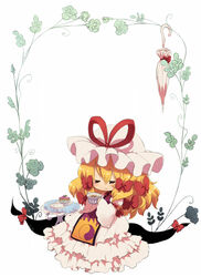  big_hair blonde_hair bow chibi choker closed_eyes closed_umbrella commentary_request cup cupcake dress drinking eyelashes female flower food gap_(touhou) hairbow hat holding holding_cup jpeg_artifacts leaf liquid long_hair long_sleeves mob_cap oto plant ribbon_choker simple_background sitting smile solo tabard table tea teacup touhou umbrella white_background white_dress yakumo_yukari yin_yang 