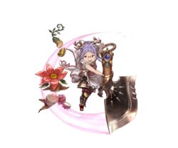  apron axe boots double_bun elmelaura female flower food fruit full_body glasses granblue_fantasy hair_bun harvin minaba_hideo official_art open_mouth pink_eyes pointy_ears purple_hair solo transparent_background weapon 