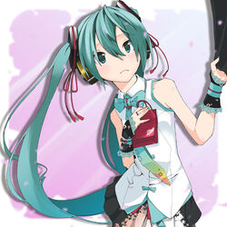  aqua_eyes aqua_hair blush commentary_request female hatsune_miku headphones highres jewelry long_hair makusu necktie ring skirt solo twintails very_long_hair vocaloid 