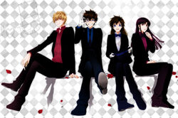  2boys 2girls bad_id bad_pixiv_id blonde_hair brown_hair crossed_legs formal hakuba_saguru hat koizumi_akako kuroba_kaito magic_kaito meitantei_conan monocle monocle_chain multiple_boys multiple_girls nakamori_aoko petals sagari24 sitting suit top_hat 