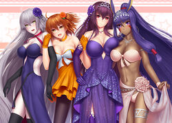  4girls :d ahoge alternate_costume animal_ears armlet asymmetrical_docking bare_shoulders bikini black_gloves black_pantyhose black_thighhighs blush bow breast_press breasts chaldea_logo choker cleavage closed_mouth clothes_lift collarbone commentary_request covered_navel dark-skinned_female dark_skin dress earrings elbow_gloves facial_mark fate/grand_order fate_(series) flower formal fujimaru_ritsuka_(female) fujimaru_ritsuka_(female)_(starlight_fest) gloves grey_hair hair_flower hair_ornament hand_on_own_hip head_tilt hoop_earrings jeanne_d&#039;arc_alter_(avenger)_(fate) jeanne_d&#039;arc_alter_(fate) jewelry lace large_bow large_breasts layered_dress leaning_forward lifting_own_clothes long_hair looking_at_viewer low-tied_long_hair masatoki medium_breasts midriff multiple_girls navel necklace nitocris_(fate) nitocris_(swimsuit_assassin)_(fate) nitocris_(swimsuit_assassin)_(third_ascension)_(fate) official_alternate_costume one_side_up open_mouth orange_choker orange_dress orange_eyes orange_flower orange_gloves orange_hair pale_skin pantyhose photoshop_(medium) pink_eyes pink_hair purple_dress purple_eyes purple_flower purple_gloves purple_hair ribbon_choker sarong sarong_lift scathach_(fate) scathach_(formal_dress)_(fate) sidelocks smile star_(symbol) starry_background stomach strapless strapless_dress swimsuit thighhighs thighlet tiara very_long_hair white_bikini white_bow wristband yellow_eyes 