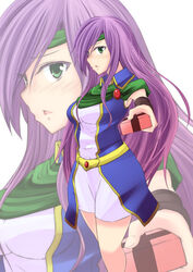  blush breasts faris_scherwiz female final_fantasy final_fantasy_5 gift green_eyes headband long_hair present purple_hair solo white_background wristband zanku 