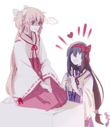  ... 2girls akemi_homura commentary cosplay hairband hakama hakama_skirt hanyae heart himemiya_chikane himemiya_chikane_(cosplay) japanese_clothes kaname_madoka kannazuki_no_miko kurusugawa_himeko kurusugawa_himeko_(cosplay) long_hair low-tied_long_hair mahou_shoujo_madoka_magica mahou_shoujo_madoka_magica_(anime) miko multiple_girls red_hakama ribbon-trimmed_sleeves ribbon_trim seiza shaded_face sitting skirt two_side_up ultimate_madoka very_long_hair yuri 