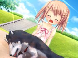  animal arizuki_shiina bad_end blush bow canine closed_eyes cloud collar crying day dead_animal death dirty dress female game_cg grass hair_ornament husky kud_wafter little_busters! lolicon mourning na-ga open_mouth orange_hair outdoors pet pink_bow ribbon sad sand sandals short_hair sky solo strap_slip strelka sundress tears tree twintails 