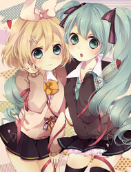  2girls aqua_eyes aqua_hair blonde_hair blue_eyes bow commentary_request hair_ornament hair_ribbon hairbow hairclip hatsune_miku highres kagamine_rin long_hair mata multiple_girls ribbon school_uniform short_hair thighhighs twintails vocaloid zettai_ryouiki 