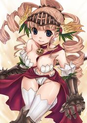  armor athena_(lord_of_vermilion) bare_shoulders bikini_armor blonde_hair blue_eyes breasts choker cleavage commentary_request drill_hair female kazabuki_poni lord_of_vermilion medium_breasts panties solo thighhighs underwear white_thighhighs 