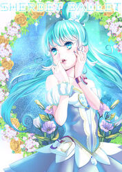  alternate_form bare_shoulders blue_eyes blue_hair brooch commentary_request cure_princess cure_princess_(sherbet_ballet) detached_sleeves dress female flower happinesscharge_precure! heart heart_brooch jewelry long_hair magical_girl nail_polish photoshop_(medium) ponytail precure rose shirayuki_hime solo tarou_(kitsune_kitsune) tiara wing_brooch wing_earrings wrist_cuffs 