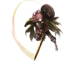  armor armored_boots attack boots cape female fingerless_gloves full_body gloves granblue_fantasy long_hair minaba_hideo official_art pink_eyes pink_hair shield solo sword transparent_background volenna weapon 