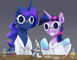  2017 alicorn clothed clothed_feral clothing coat cosmic_hair duo equid equine ethereal_hair eyewear feathered_wings feathers female feral friendship_is_magic furniture gloves goggles grey_background hair handwear hasbro horn lab_coat laboratory_equipment laboratory_glassware mammal microscope multicolored_hair my_little_pony mythological_creature mythological_equine mythology open_mouth petri_dish ponytail princess_luna_(mlp) pseudo_hair science scientific_instrument silfoe simple_background smile table teeth topwear twilight_sparkle_(mlp) vial wings 