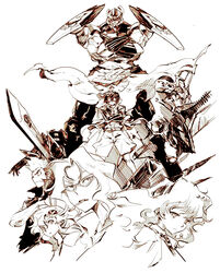  2girls 4boys commentary_request core_drill crossed_arms dai-gurren enkidu_(ttgl) gurren-lagann kamina_(ttgl) kittan_bachika lazengann leite_jokin mecha monochrome multiple_boys multiple_girls nia_teppelin photoshop_(medium) robot simon_(ttgl) tengen_toppa_gurren_lagann tomotsuka_haruomi yoko_littner 