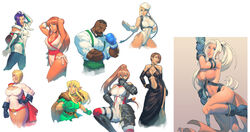  1boy 6+girls absurdres adjusting_hair alternate_color alternate_costume alternate_hairstyle annotated antenna_hair belt beret black_dress black_gloves blonde_hair blue_eyes boxing_gloves braid breasts cammy_white cape chuck_pires cleavage cleavage_cutout clothing_cutout collage commentary contrapposto crossover dark_skin dc_comics dead_or_alive dress dual_persona dudley dungeons_&amp;_dragons dungeons_&amp;_dragons:_shadow_over_mystara elbow_gloves elf english_commentary facial_hair fighting_stance gensou_suikoden gloves green_gloves hair_over_one_eye hat high_ponytail highres jeane_(suikoden) kasumi_(doa) large_breasts leotard lisa_hamilton long_hair lucia_(d&amp;d) miang_hawwa moustache multiple_crossover multiple_girls navel navel_cutout panties pantyhose photoshop_(medium) plunging_neckline pointy_ears ponytail pose power_girl short_hair side-tie_panties skin_tight sleeved_leotard standing street_fighter street_fighter_iii_(series) superhero_costume superman_(series) tan taut_clothes tunic twin_braids underwear very_dark_skin white_hair xenogears 