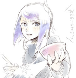  aq_interactive blue_eyes blue_hair bone_(pixiv91634) bowl female manamia mistwalker nintendo pale_color short_hair solo the_last_story turtleneck white_background 