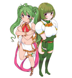  2girls ahoge anklet armor blush boots commentary_request dancer earrings elbow_gloves erinys_(fire_emblem) fire_emblem fire_emblem:_genealogy_of_the_holy_war full_body gloves green_eyes green_hair highres jewelry kari_(kakko_k) long_hair midriff multiple_girls navel sandals silvia_(fire_emblem) thigh_boots thighhighs twintails 